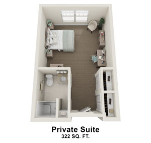 3D floor plan of a private assisted living memory care suite at Allerton House in Weymouth