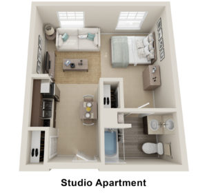 3D floor plan of a studio apartment at Allerton House in Weymouth