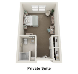 3D floor plan of a private memory care suite at Allerton House in Weymouth