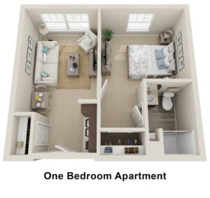 3D floor plan for a one bedroom apartment at Allerton House in Weymouth