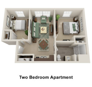 3D floor plan of a two bedroom apartment at Allerton House in Weymouth
