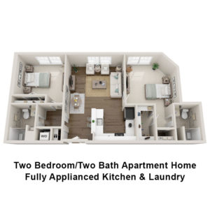 3D floor plan for a two bedroom two bath apartment home at Allerton House in Weymouth